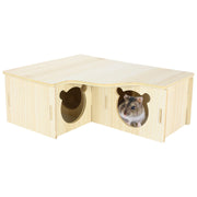 Natural wood L-shaped hamster hideout with round entrance holes, small hamster visible inside