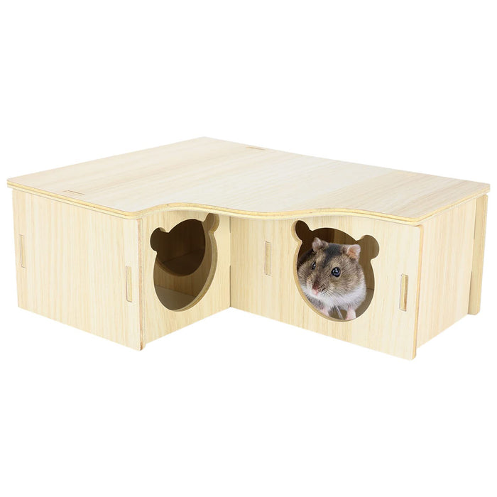 Natural wood L-shaped hamster hideout with round entrance holes, small hamster visible inside