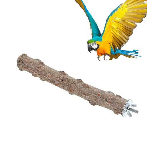 Natural wood parrot perch with textured bark surface and metal mounting screw, blue and yellow