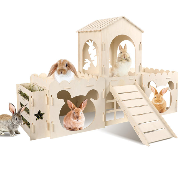 Natural wood rabbit playground castle with multiple brown and white bunnies playing inside