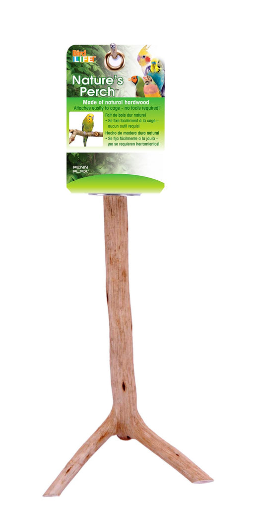 Natural hardwood bird perch with green platform top and tripod base in retail packaging