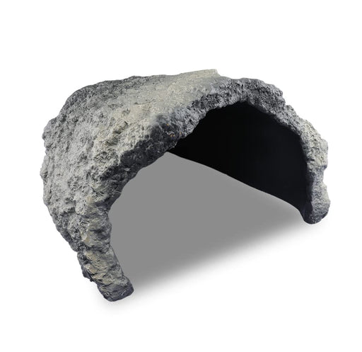 Gray naturalistic rock cave hide showing dark interior opening and textured stone exterior