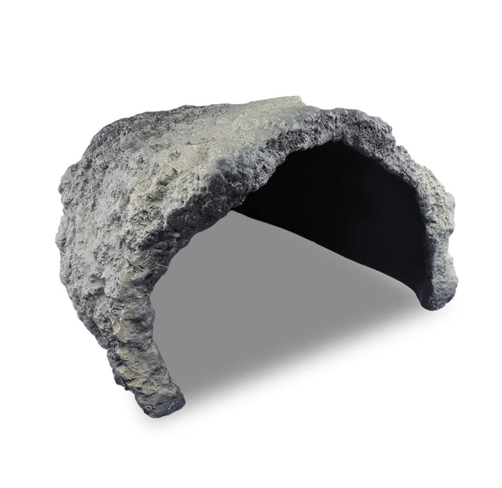 Gray naturalistic rock cave hide showing dark interior opening and textured stone exterior