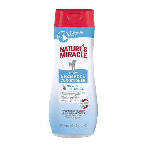 Nature's Miracle puppy shampoo and conditioner 16oz bottle with red cap cotton air scent