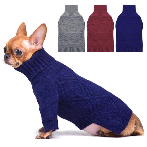 Small Chihuahua wearing navy blue cable knit turtleneck sweater with three color options shown