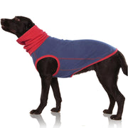 Black dog wearing navy blue fleece sweater with red turtleneck collar and trim, side profile view