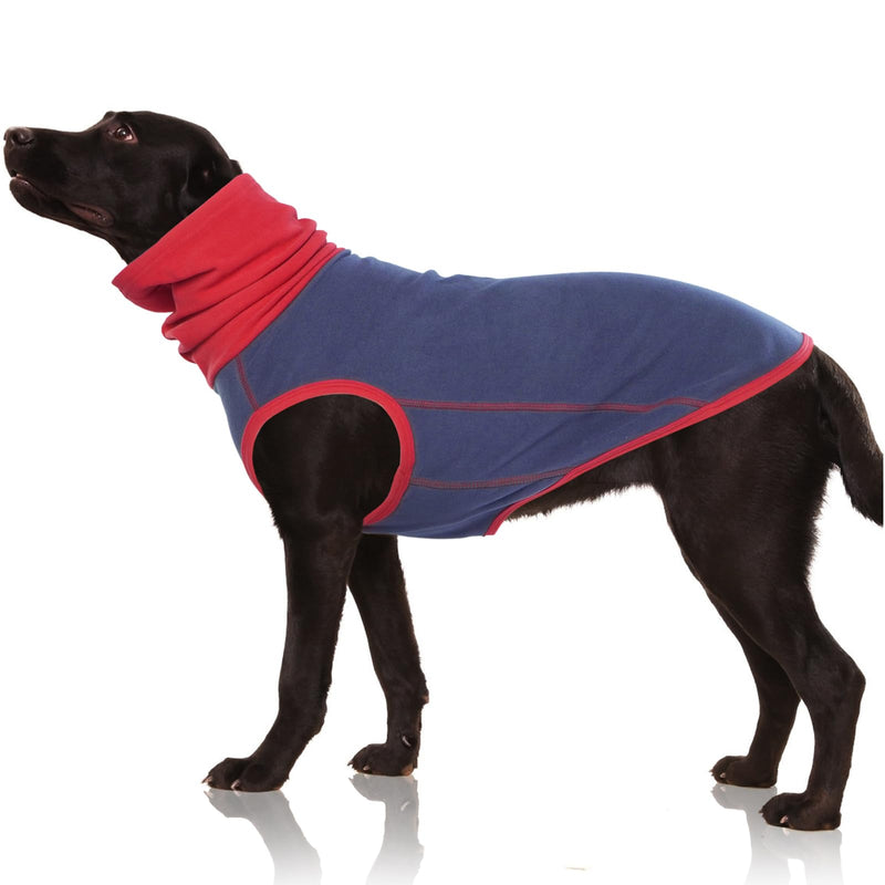 Black dog wearing navy blue fleece sweater with red turtleneck collar and trim, side profile view