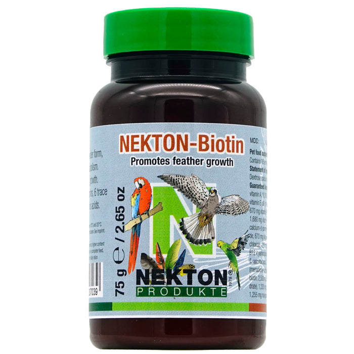 Dark amber bottle of Nekton-Biotin bird supplement with green cap and colorful parrot label