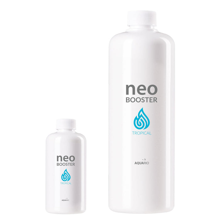 Two white bottles of Neo Booster Tropical aquarium conditioner showing different sizes side by side