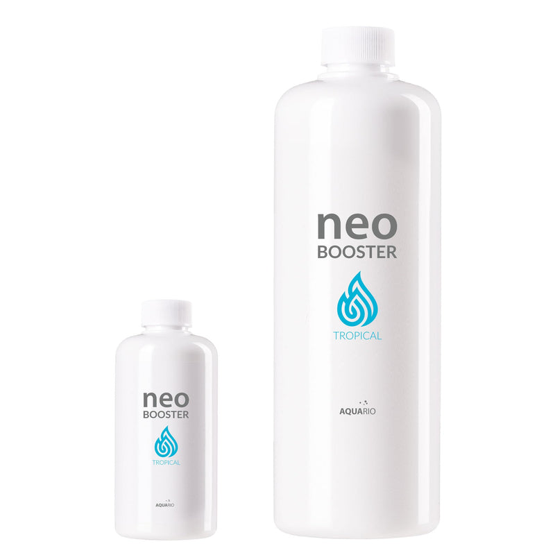 Two white bottles of Neo Booster Tropical aquarium water conditioner in different sizes