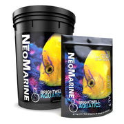 NeoMarine reef salt containers showing bucket and bag with yellow tropical fish design