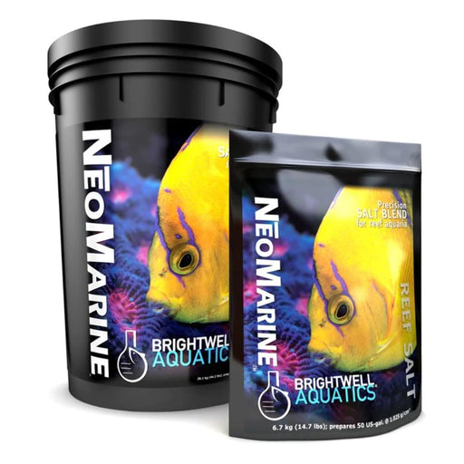 NeoMarine reef salt containers showing bucket and bag with yellow tropical fish design