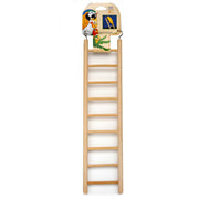 Natural wooden bird ladder with 9 horizontal rungs and metal hooks, shown against white background