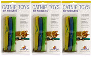 Three packs of Pioneer Pet Nip Nibblers catnip toys with colorful nylon sticks and kitten photo