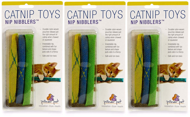 Three packs of Pioneer Pet Nip Nibblers catnip toys with colorful nylon sticks and kitten photo