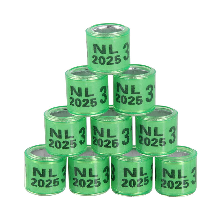 Ten green aluminum bird leg rings marked NL 2025 3 stacked in pyramid formation