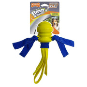Yellow and blue Nylabone Fling-a-Bounce dog toy with fabric streamers and packaging