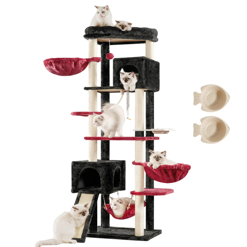 Multi-Level Cat Tower for Large Cats (With Bowls)