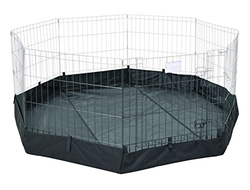 White wire octagonal exercise pen with black canvas waterproof bottom liner displayed flat