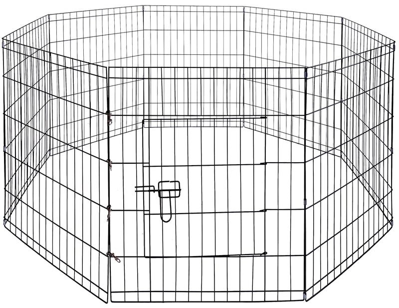 Black metal octagonal dog exercise pen with door latch shown in isometric view
