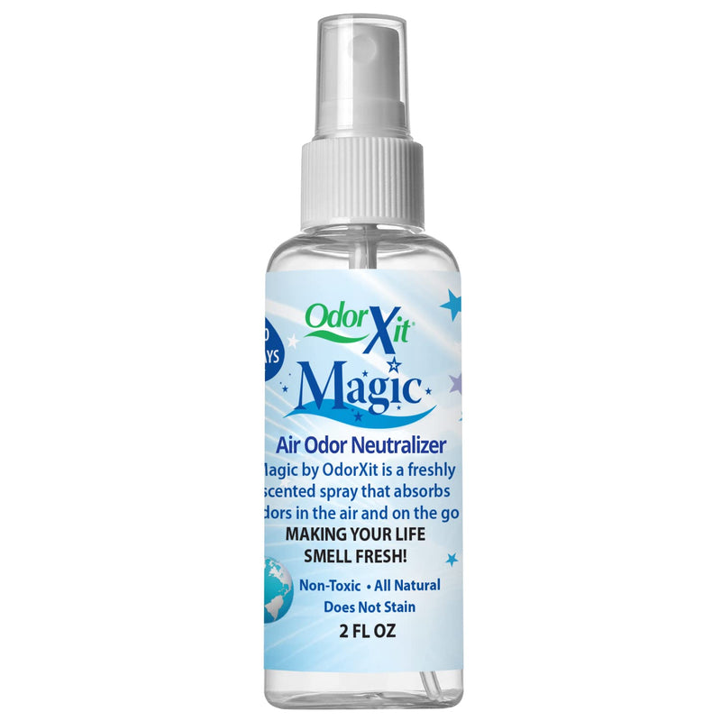 OdorXit Magic air odor neutralizer spray bottle with blue and white cloud design label