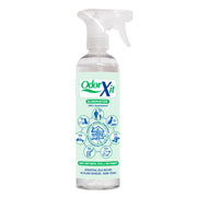 OdorXit Eliminator spray bottle with clear trigger and green label showing odor elimination icons