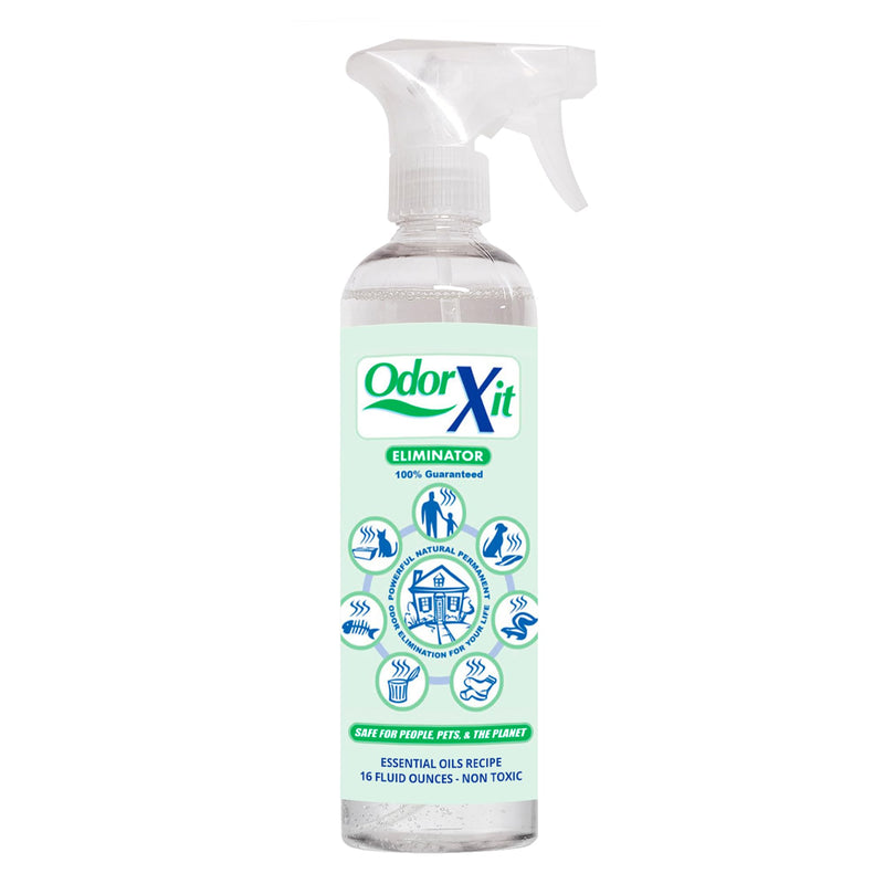 OdorXit Eliminator spray bottle with clear trigger and green label showing odor elimination icons