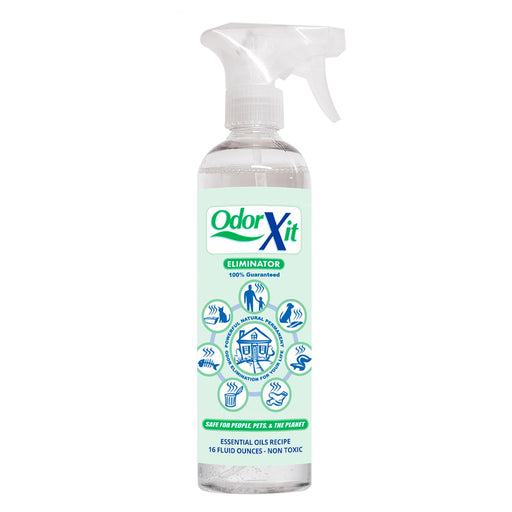 OdorXit Eliminator spray bottle with clear trigger and green label showing odor elimination icons