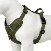 Olive green reflective no-pull dog harness with handle shown on white dog mannequin side angle