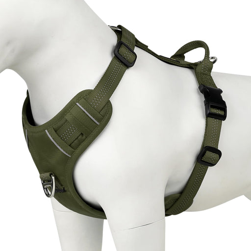 Olive green reflective no-pull dog harness with handle shown on white dog mannequin side angle