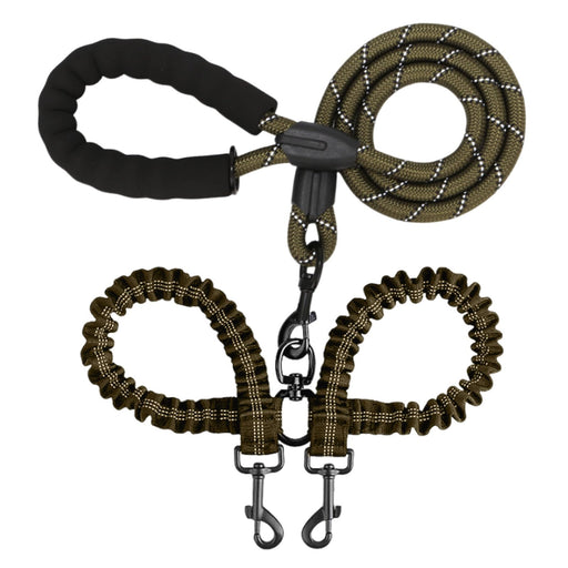 Olive green dual shock-absorbing bungee dog leash with black padded handle and metal clips