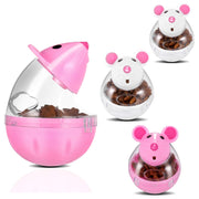 Interactive mouse treat dispensers in pink and white showing opened compartment with treats inside