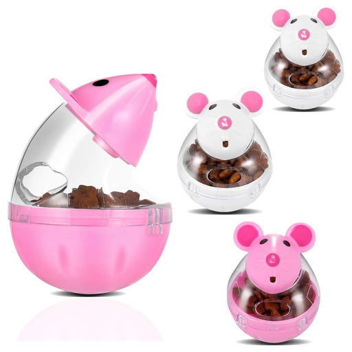 Interactive mouse treat dispensers in pink and white showing opened compartment with treats inside