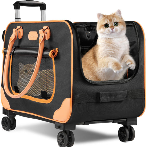 Orange and black rolling cat carrier with orange tabby cat sitting inside through mesh window