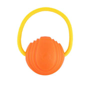 Orange ribbed rubber dog ball with yellow rope loop handle on white background