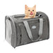 Orange kitten with pink tongue sticking out inside gray mesh pet travel carrier bag
