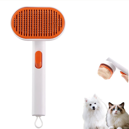 Orange and white self-cleaning pet deshedding brush with fur collection chamber and cute dog cat