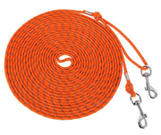 Orange reflective 30ft dog leash coiled in spiral with two silver snap clips
