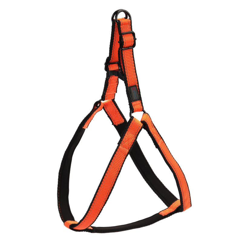 Orange and black reflective step-in dog harness with adjustable straps and metal D-ring
