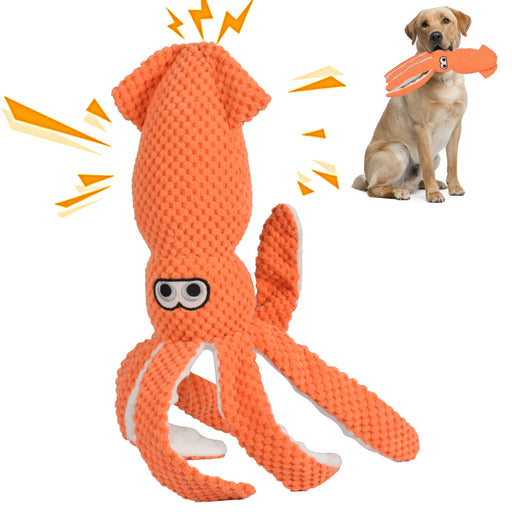 Orange textured squid plush dog toy with googly eyes and white accents shown with yellow Labrador