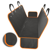 Gray and orange waterproof dog car seat cover with black straps and side panels displayed flat