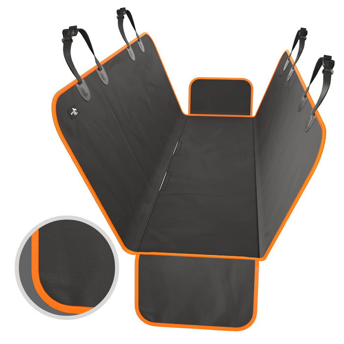 Gray and orange waterproof dog car seat cover with black straps and side panels displayed flat