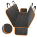 Gray and orange waterproof dog car seat cover with black straps and side panels displayed flat