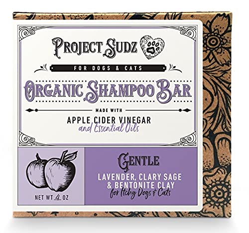 Purple and cream colored organic dog shampoo bar package with lavender scent and apple graphics