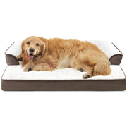 Golden retriever lying on white orthopedic dog bed with brown base and raised side bolsters