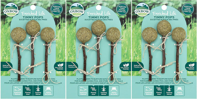 Three packages of Oxbow Timothy Pops small pet chew toys with natural hay balls on sticks