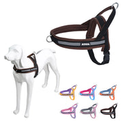 Brown and black reflective dog harness shown on white dog model with colorful size options below