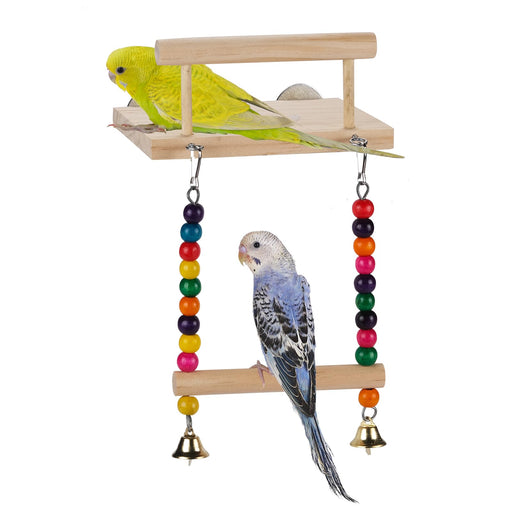 Natural wood parakeet play platform with two budgies, colorful bead chains and bells