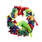 Green parrot perched on colorful cotton rope swing ring toy with red blue yellow strands