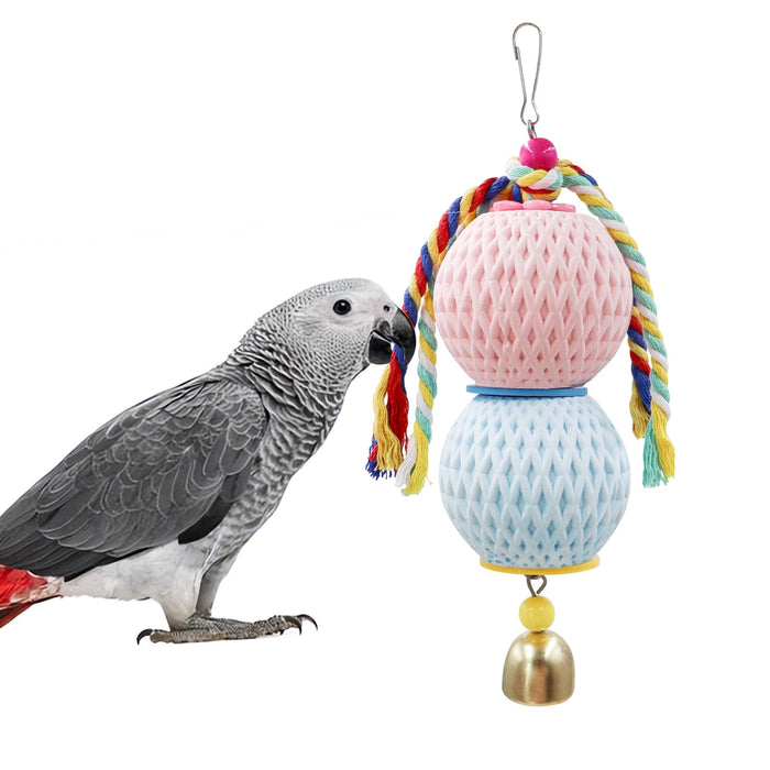 Gray parrot with pink and blue mineral grinding stones connected by colorful rope with bell
